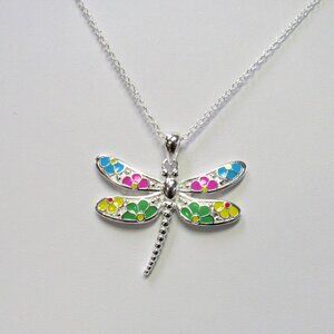 Silver Plated Floral Multicolor Dragonfly Charm Necklace